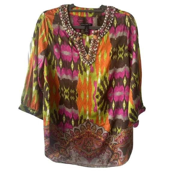 Black Label by Chico's Size 1 (Medium) Multicolor Beaded 3/4 Sleeve Tunic Blouse - Picture 1 of 8